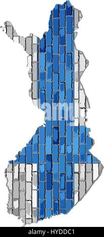 Finland map on a brick wall - Illustration,  Map of the Finland with flag inside,  Abstract grunge Finnish flag in brick style Stock Vector