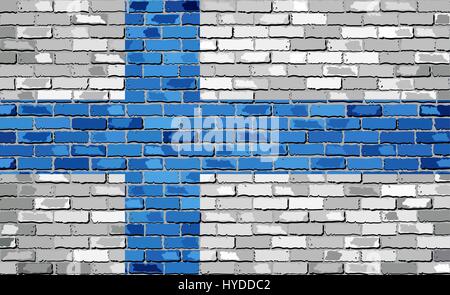 Flag of Finland on a brick wall - Illustration,  Finnish flag painted on brick wall, Finland flag in brick style,  Abstract grunge mosaic vector Stock Vector