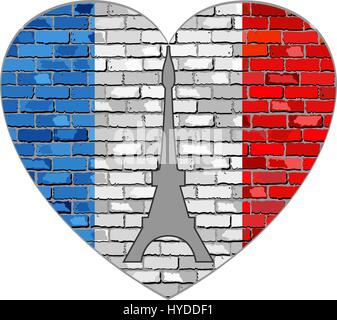 Flag of France on a brick wall in heart shape - Illustration, French flag in brick style,  Abstract grunge flag of France and Eiffel Tower Stock Vector