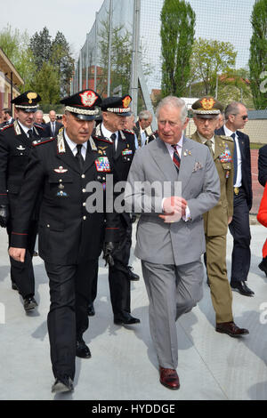 Charles, Prince of Wales speaks with Brig. Gen. Giovanni Pietro Barbano, during a visit to the Center of Excellence for Stability Police Units April 1, 2017 in Vicenza, Italy. The center is a train the trainer school developed by the Carabinieri for peace-keeping missions around the world.