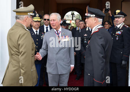 Charles, Prince of Wales meets Gen. Claudio Graziano, Italian Army Chief of Staff, left, during a visit to the Center of Excellence for Stability Police Units April 1, 2017 in Vicenza, Italy. The center is a train the trainer school developed by the Carabinieri for peace-keeping missions around the world.