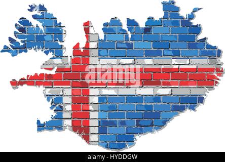 Iceland map on a brick wall - Illustration,  Map of the Iceland with flag inside,  Abstract grunge Icelander flag in brick style Stock Vector