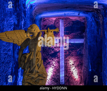 Angel statue and Cross in Salt Cathedral of Zipaquira, Colombia Stock Photo