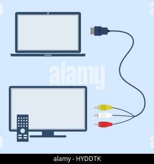 Laptop and television with RCA and HDMI interconnect. Flat design. Stock Vector