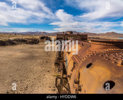 Abandoned rusty old train in train cemetery, Bolivia Stock Photo