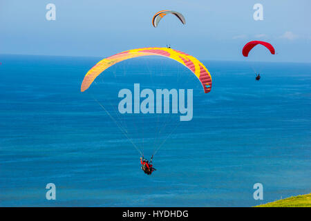 Para-gliders in flight over the ocean Stock Photo