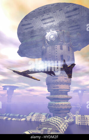 city and spaceship 3D render science fiction illustration Stock Photo ...