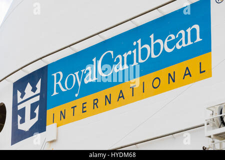 Sign of Royal Caribbean International on a cruise ship Stock Photo