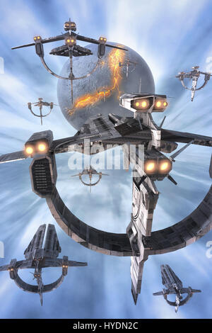spaceships fleet and planet 3D render science fiction illustration Stock Photo
