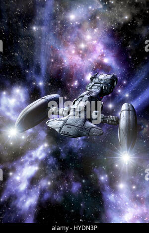 spaceship cruiser and space station 3D render science fiction ...