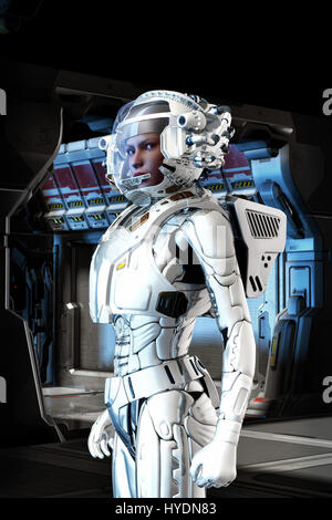 futuristic astronaut girl in space suit 3D render science fiction illustration Stock Photo