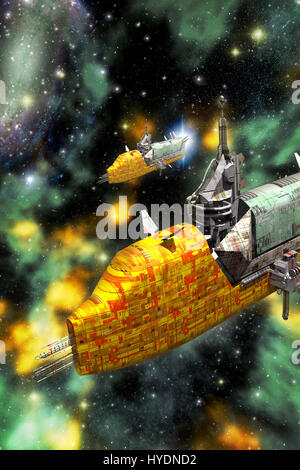 cargo spaceships and nebula 3D render science fiction illustration Stock Photo