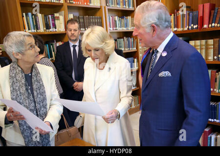 The Prince of Wales and the Duchess of Cornwall view a variety of artworks at The British School in Rome, Italy, on the seventh day of his nine-day European tour. Stock Photo