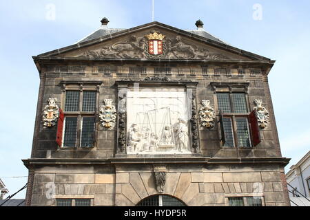 Upper facade of De Goudse Waag (17th century Weighing house) at Markt square, centre of the city of Gouda, South Holland, The Netherlands. Stock Photo