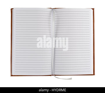Top view of an opened brown leather journal with blank pages and a cloth bookmark isolated on a white background. Stock Photo