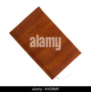 Top view of a brown leather journal isolated on a white background. Stock Photo