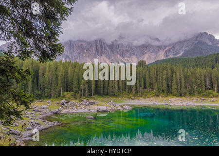 Lago di Carezza and Latemar Group mountains, Bolzano Province, Trentino-Alto Adige/South Tyrol, Italian Dolomites, Italy, Europe Stock Photo