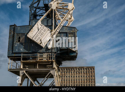 Disused Stothert and Pitt dockside crane with broken windows, Leith Dock, Leith, Edinburgh, Scotland, UK Stock Photo