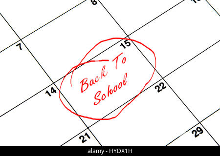 Back to School Circled on A Calendar in Red Stock Photo