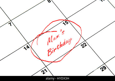Mum's Birthday Circled on A Calendar in Red Stock Photo