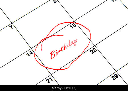 Birthday Circled on A Calendar in Red Stock Photo