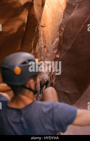 Canyoneering in Blue John Canyon. This is a remote area of Utah called Robbers roost. Stock Photo