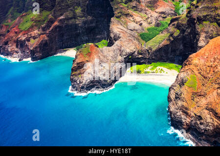 Aerial landscape view of Honopu Arch at Na Pali coastline, Kauai, Hawaii, USA Stock Photo