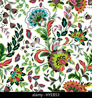 Hand drawn flower seamless pattern. Colorful seamless pattern with pargeting grunge whimsical flowers, paisley, raspberry. Watercolor pattern for textile. Isolated on a white background. Stock Vector