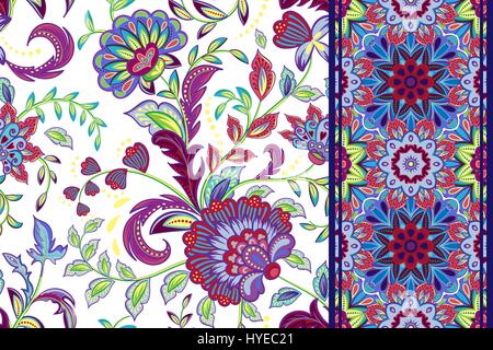 Set of seamless floral pattern and border for design. Hand draw vector Illustration. Seamless background with flowers. Stock Vector