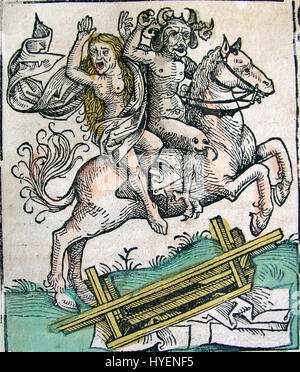 Nuremberg chronicles   Devil and Woman on Horseback (CLXXXIXv) Stock Photo