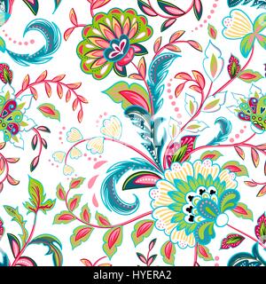 Seamless pattern with fantasy flowers, natural wallpaper, floral decoration curl illustration. Paisley print hand drawn elements. Home decor. Stock Vector