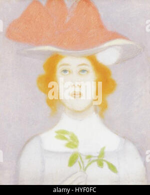 'Red Haired Woman in Hat' (c. 1891) by Rippl is a portrait that showcases the artist's mastery in capturing realistic facial features and rich textures. The subject is depicted wearing a distinct hat, emphasizing the fashion trends of the late 19th century. Stock Photo