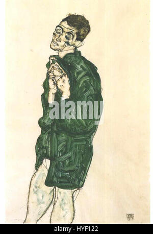 'Selbstdarstellung mit geschlossenen Augen' (Self-portrait with closed eyes) by Egon Schiele (1914) is an introspective piece that conveys vulnerability and emotional depth through the artist’s intense gaze and exaggerated, contorted forms. Stock Photo
