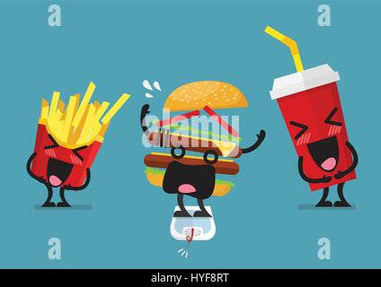 Funny laughing French fries and soft drink character with overweight burger character. Healthy concept Stock Vector