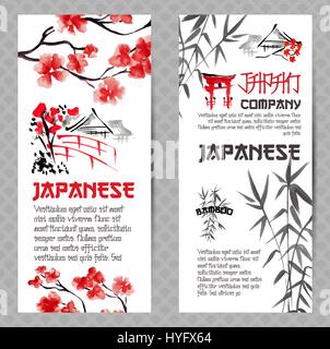 Vertical banners or flyers concepts set. Japanese red cherry flower branch blossom and bamboo silhouette Stock Vector