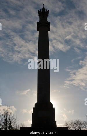 Hood monoment, a intricately carved Hamstone tower, dedicated to Admiral Samuel Hood sited on top of Windmill Hill on the Polden Hills in Somerset Stock Photo