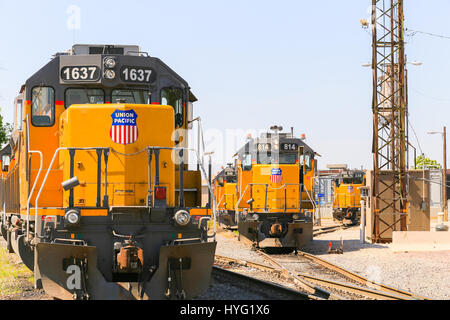 Kansas City, USA - May 21, 2016: Switching of engines and trains at a railroad yard in Kansas City. Stock Photo