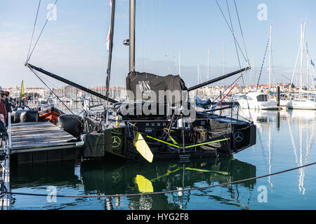 LES SABLES D'OLONNE, FRANCE – JANUARY, 21, 2017 : Skipper Alex Thomson boat Hugo Boss at the Vendee Globe pontoon the day after his arrival. Stock Photo