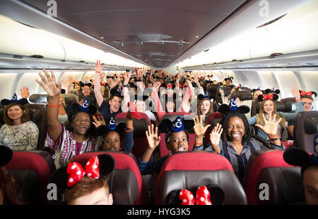 300 fans of Ant and Dec's Saturday Night Takeaway depart from London Gatwick on a chartered Virgin Holidays plane to celebrate the series finale which airs this Saturday April 8th. Stock Photo