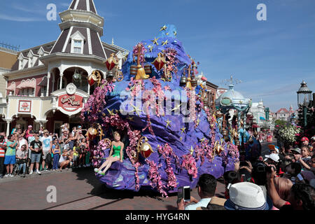 Tinkerbell on the back of a float in the Disney Stars on Parade, Disneyland Paris, Marne-la-Vallée, near Paris, France. Stock Photo