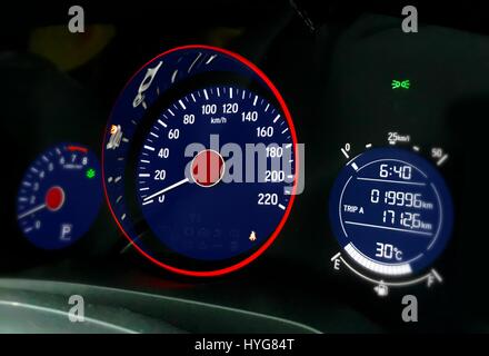 Car dashboard focus on speedometer control panel Stock Photo