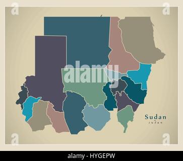 Modern Map - Sudan with states colored SD Stock Vector