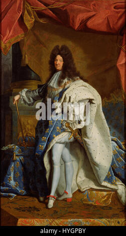 This portrait, inspired by Hyacinthe Rigaud's famous work, depicts Louis XIV, the Sun King, in a regal pose. Rigaud's original 1701 painting is one of the most iconic representations of French monarchy in the Baroque style. Stock Photo