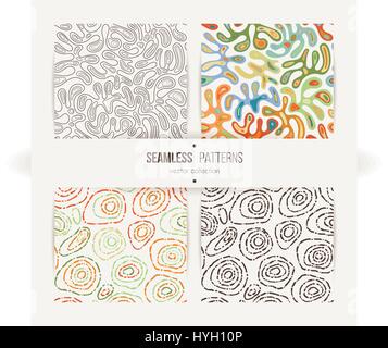 Set of seamless abstract patterns. Wave like amoeba and dotted circles Stock Vector