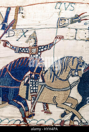 Scene 55 from the Bayeux Tapestry depicts William the Conqueror lifting ...