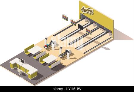 Vector isometric low poly bowling alley interior Stock Vector