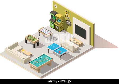 Vector isometric low poly recreation room interior Stock Vector