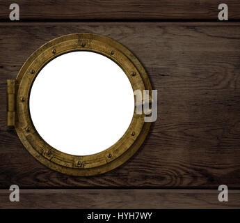 old ship or boat porthole on wooden wall Stock Photo