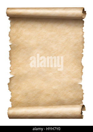 Old paper manusript scroll isolated on white vertically oriented Stock Photo