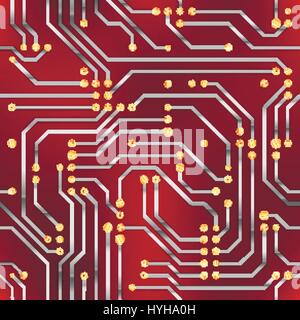 Computer microchip, seamless pattern on red background Stock Vector